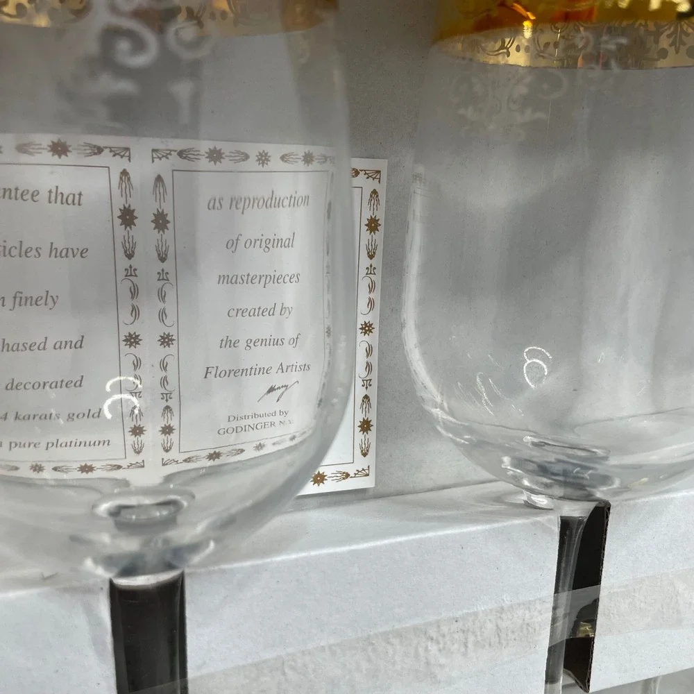 New Cellini Crystal Stemware Set 4 Wine Glasse 24K Gold Italy 7.5in Wedding Gift